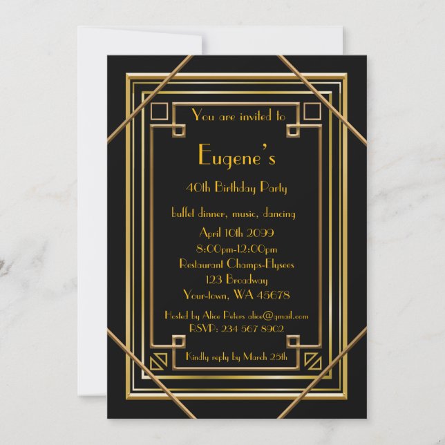 Invitation Anniversaire homme, or Gatsby style, noir (Devant)