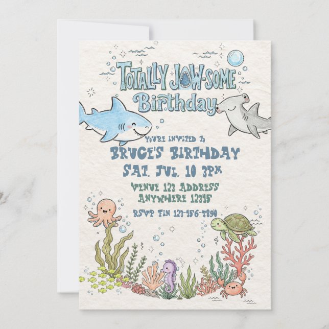 Invitation Anniversaire illustré de requin totalement génial (Devant)