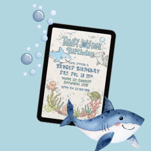 Invitation Anniversaire illustré de requin totalement génial
