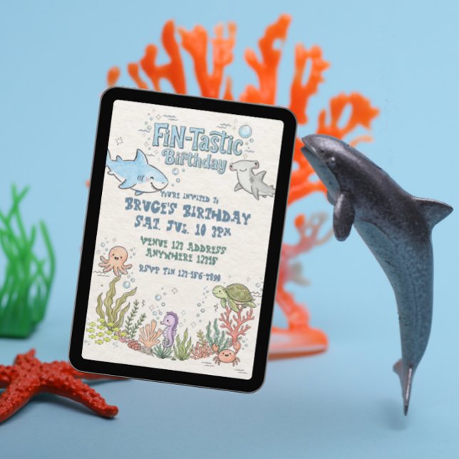 Invitation Anniversaire illustré requin heureux Fin-Tastic (Créateur téléchargé)