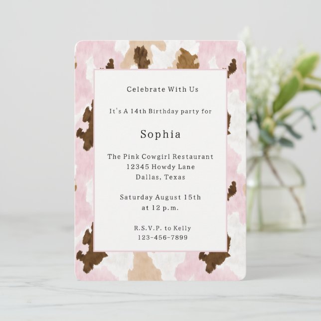Invitation Anniversaire Imprimé Vache Marron Crème Blanc Rose (Debout devant)
