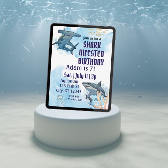 Invitation Anniversaire infesté de requins, aquarelle réalist (Créateur téléchargé)