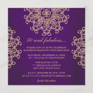 INVITATION ANNIVERSAIRE INSPIRÉ DE L'INDIEN PUPPLE ET GOLD