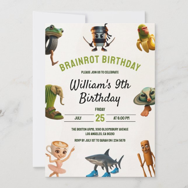 Invitation Anniversaire Italien Brainrot Drôle Mème Enfants 9 (Devant)