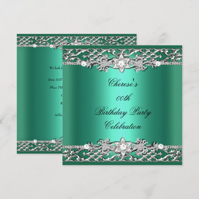 Invitation Anniversaire Jade Green Silver Diamond (Devant / Derrière)