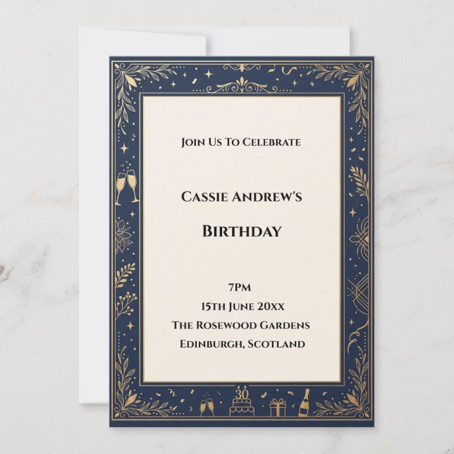 Invitation Anniversaire Jalons Cadre Or Marine (Devant)