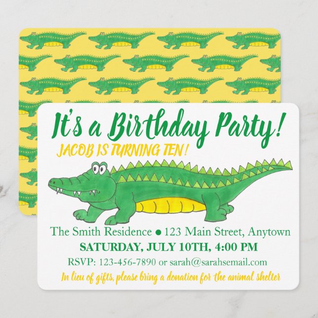 Invitation Anniversaire Jaune Alligator Vert Crocodile (Devant / Derrière)