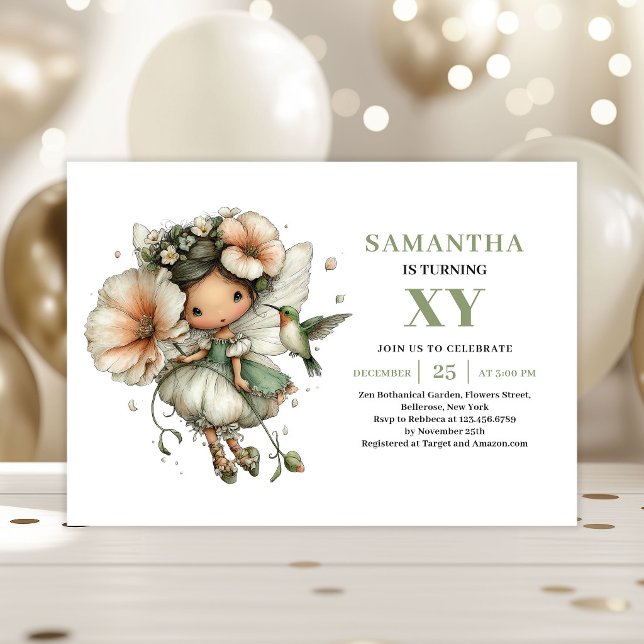 Invitation Anniversaire Jolie Fée Fille Vert Pouss (Cute Fairy Girl Birthday Dusty Green Invitation)
