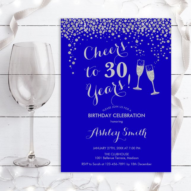 Invitation Anniversaire - Joyeux À 30 Ans Argent Royal Blue (Créateur téléchargé)
