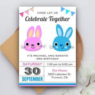 Invitation anniversaire jumeaux garçon fille lapin