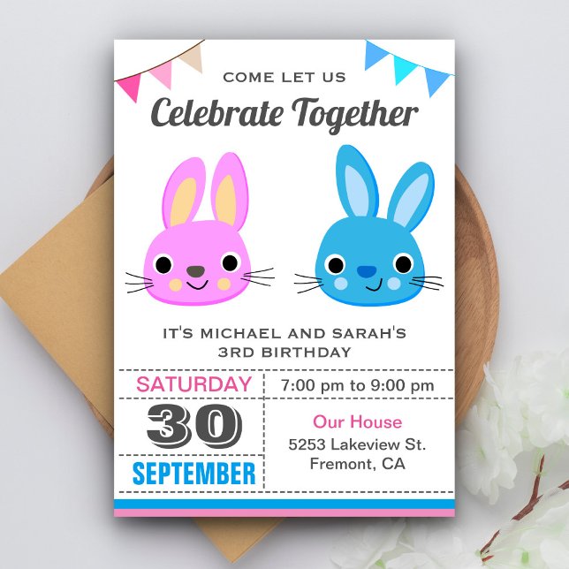 Invitation anniversaire jumeaux garçon fille lapin (Créateur téléchargé)