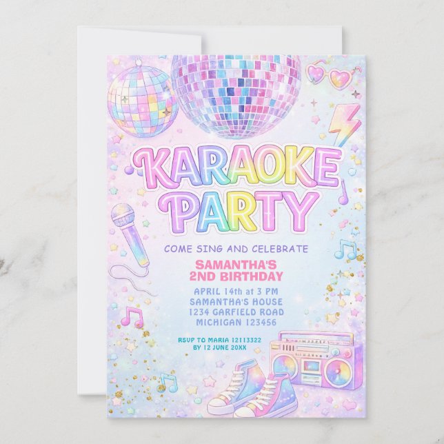 Invitation Anniversaire Karaoke Boule à Facettes Rose Arc-en- (Devant)