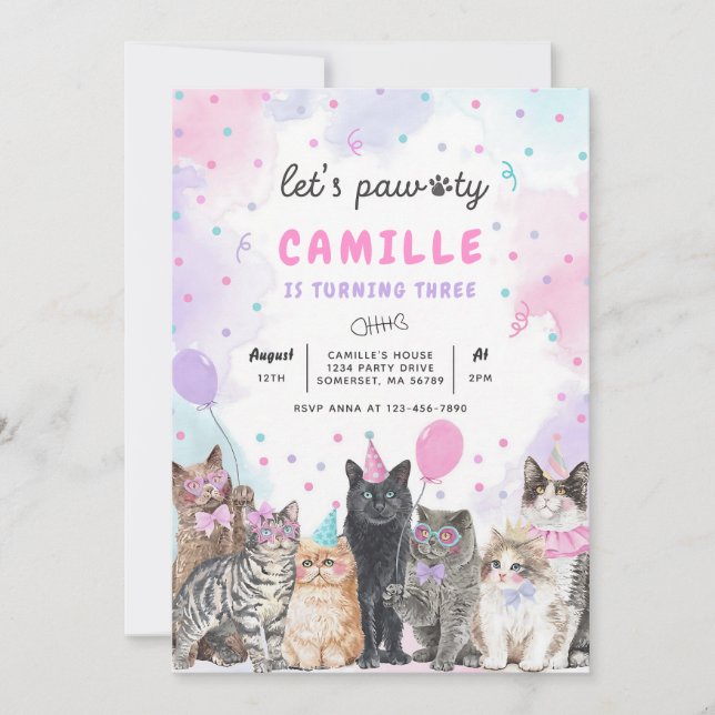 Invitation Anniversaire Kitten Let's Pawty (Devant)