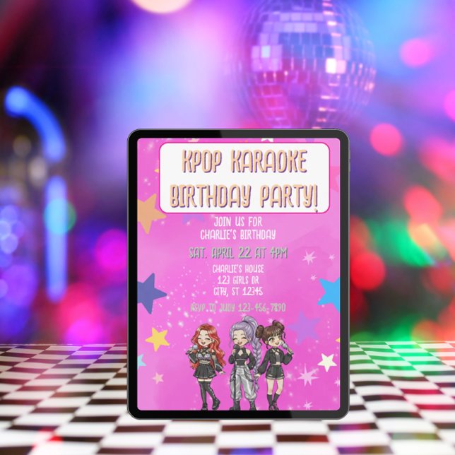 Invitation Anniversaire KPOP Karaoke, étoiles roses (Créateur téléchargé)