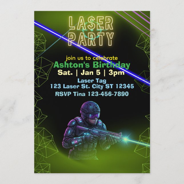 Invitation Anniversaire Laser Tag, Néon et Noir (Devant)