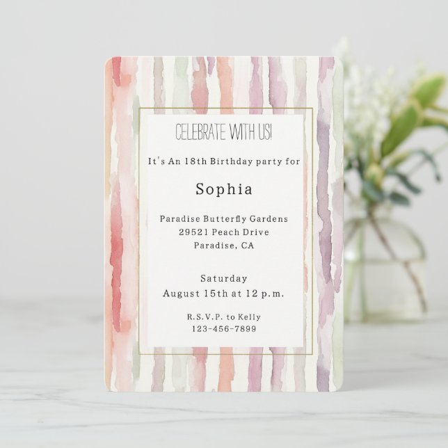 Invitation Anniversaire Lavande Melon Rose Blanc Rayures (Debout devant)