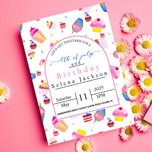 Invitation Anniversaire le 4 juillet gâteau rose avec drapeau