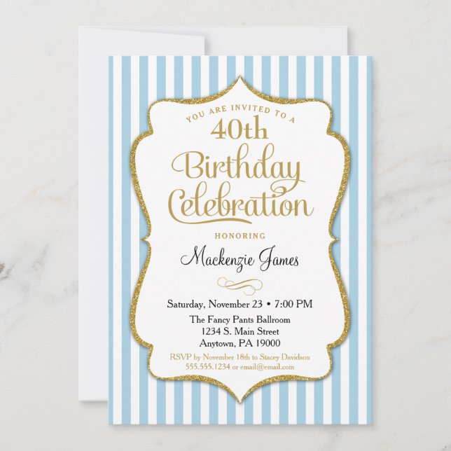 Invitation Anniversaire Léger Bleu Or Adulte Ado (Devant)