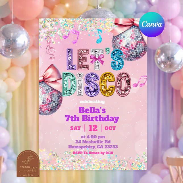 Invitation Anniversaire Let's Disco Paillettes Sequins Roses (Créateur téléchargé)
