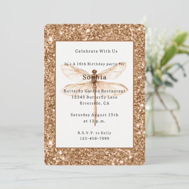 Invitation Anniversaire Libellule Blanche Paillettes Fausse O (Debout devant)