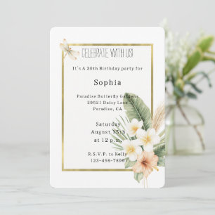 Invitation Anniversaire Libellule Fleur Blanche Pêche Tropica