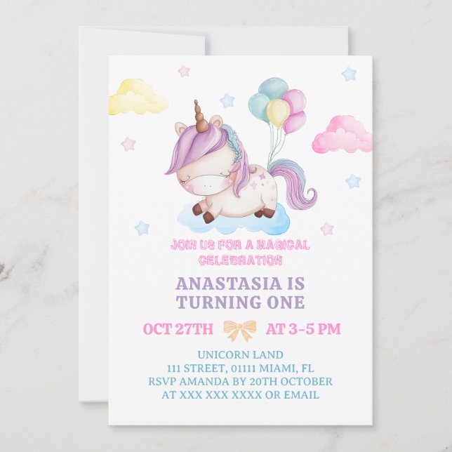 Invitation Anniversaire Licorne 1 an Couleurs Pastel (Devant)