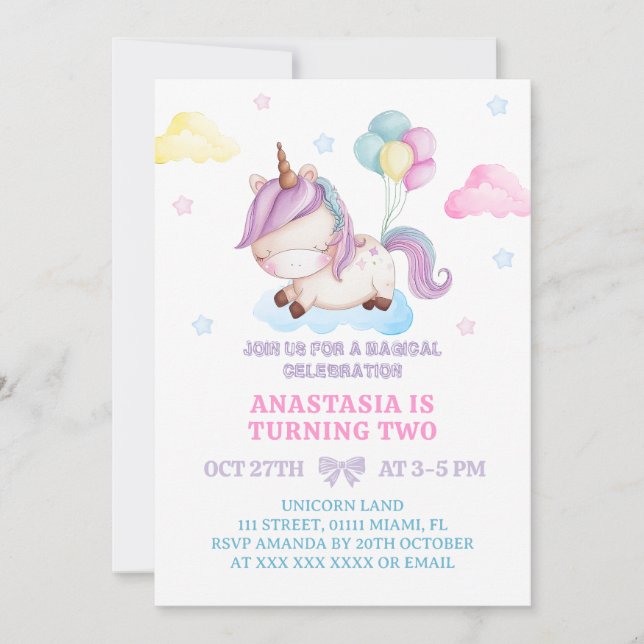 Invitation Anniversaire Licorne 2 ans Arc-en-ciel (Devant)