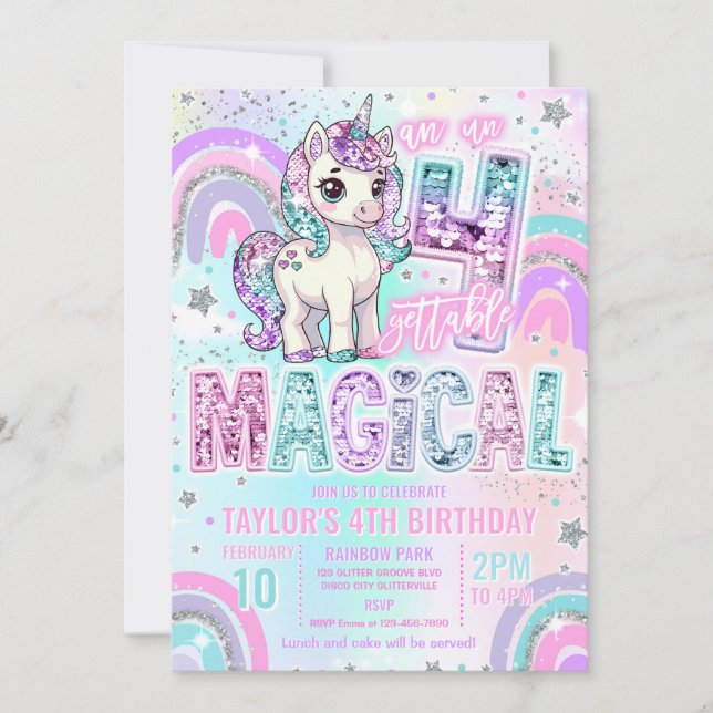 Invitation Anniversaire licorne 4 ans magique inoubliable (Devant)