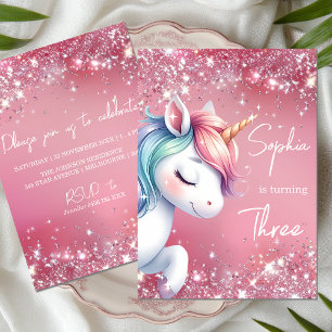 Invitation Anniversaire Licorne Arc-en-Ciel Paillettes Roses