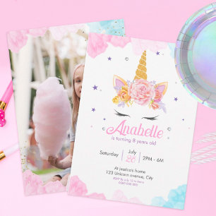 Invitation anniversaire   Licorne avec fleurs