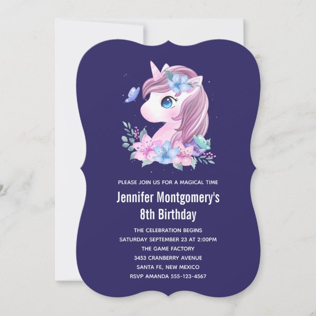 Invitation Anniversaire Licorne Bébé Mignon Aquarelle Magique (Devant)
