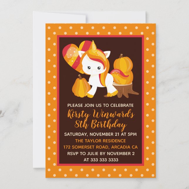 Invitation Anniversaire Licorne Citrouille de Thanksgiving (Devant)