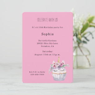 Invitation Anniversaire Licorne Cupcake Fleur Rose