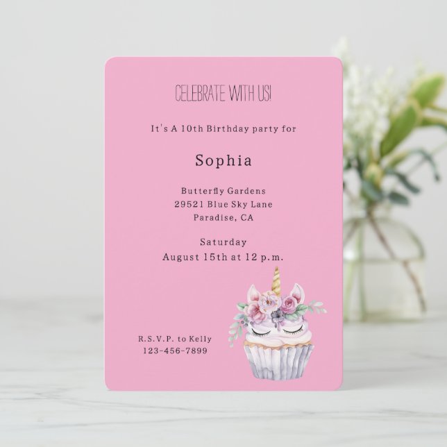 Invitation Anniversaire Licorne Cupcake Fleur Rose (Debout devant)