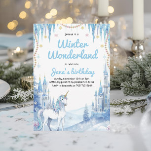 Invitation Anniversaire Licorne de Conte de Fées d'Hiver