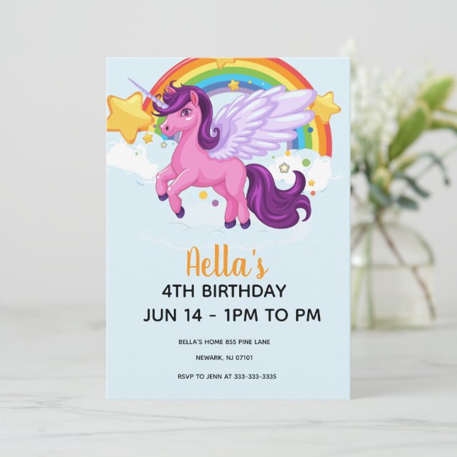 Invitation Anniversaire Licorne et Arc-en-ciel  (Debout devant)