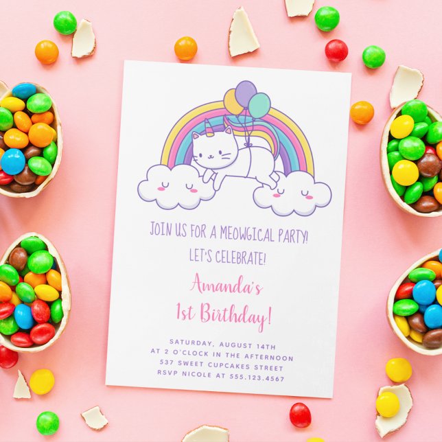 Invitation anniversaire licorne féline arc-en-ciel (Créateur téléchargé)