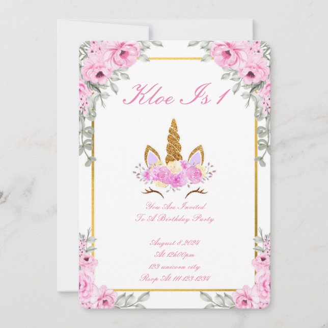 INVITATION ANNIVERSAIRE LICORNE FLEURALE ROSE (Devant)