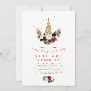 Invitation Anniversaire Licorne Fleurie Bleue Burgundy Dorée