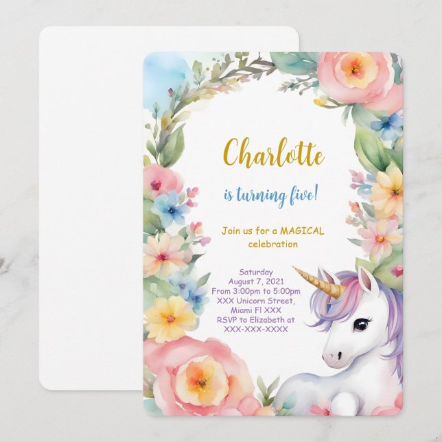 Invitation Anniversaire Licorne Florale (Devant / Derrière)