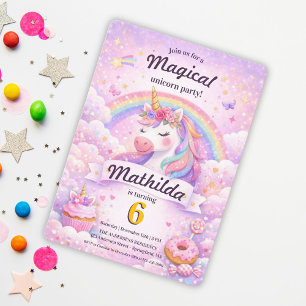 Invitation Anniversaire Licorne Magique Rose Fille Arc-en-Cie