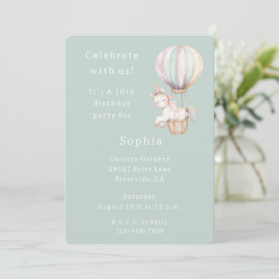 Invitation Anniversaire Licorne Menthe Montgolfière