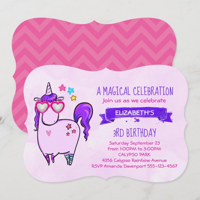 Invitation Anniversaire Licorne Mignonne avec Lunettes en For (Devant / Derrière)