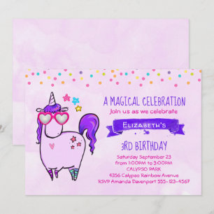 Invitation Anniversaire Licorne Mignonne avec Lunettes en For