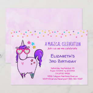 Invitation Anniversaire Licorne Mignonne en Lunettes en Forme