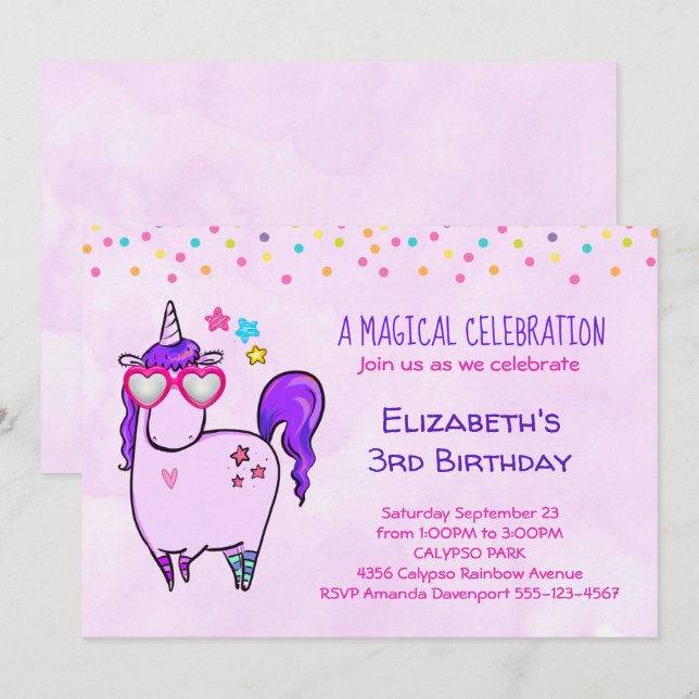 Invitation Anniversaire Licorne Mignonne en Lunettes en Forme (Devant / Derrière)