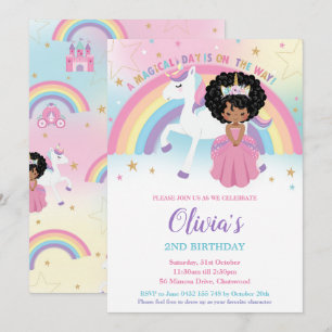 Invitation Anniversaire Licorne Princesse Africaine Arc-en-ci
