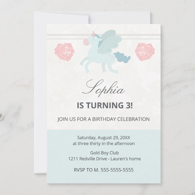 Invitation anniversaire licorne rose bleu mignonne (Devant)