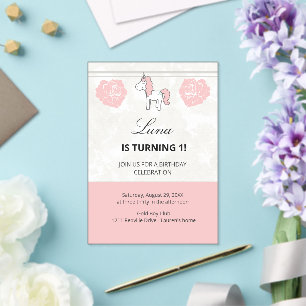 Invitation Anniversaire Licorne Rose Mignonne 1 an