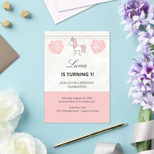 Invitation Anniversaire Licorne Rose Mignonne 1 an (Insitu (Mariage))